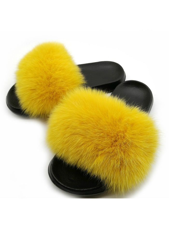 Summer Women Fox Fur Slippers Real Fur Slides Female