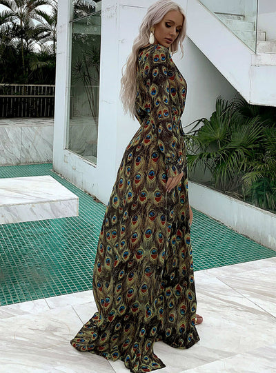 Chiffon Waist V-neck Large Pendulum Printed Dress