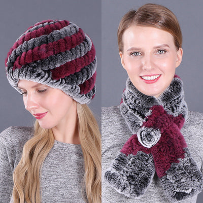 Warm Pineapple Rex Rabbit Fur Hat Scarf Set