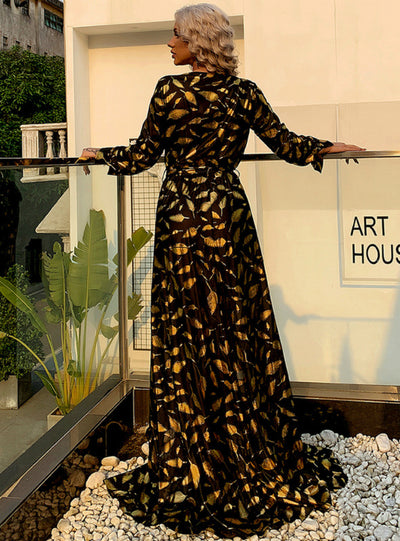 Hot Stamping Chiffon Large Swing Long Sleeve Dress