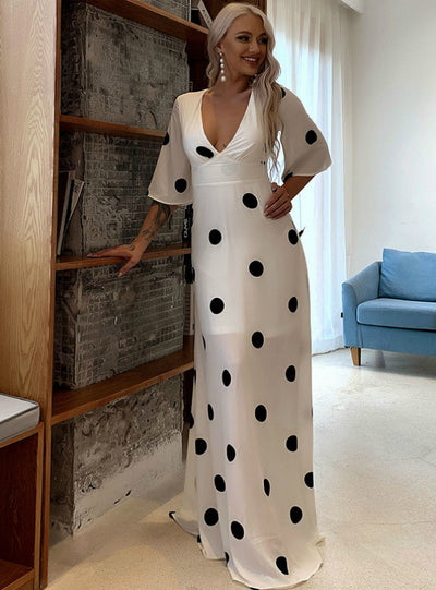 Chiffon Big Wave High Waist Slim V-neck White Skirt