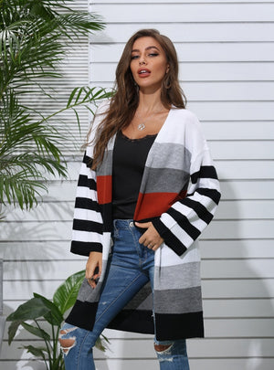 Striped Cardigan Color Matching Sweater Coat