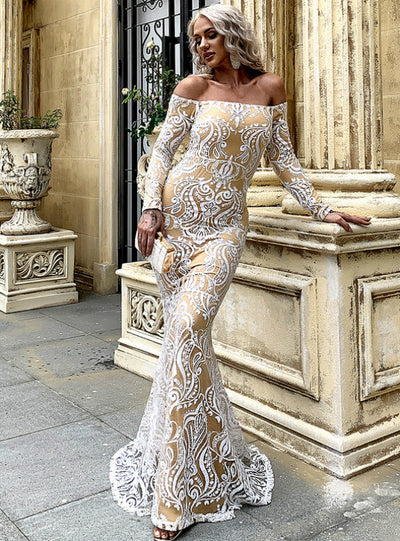 Embroidered Lace Off the Shoulder Long Sleeve Party Dress