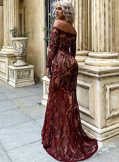 Embroidered Lace Off the Shoulder Long Sleeve Party Dress