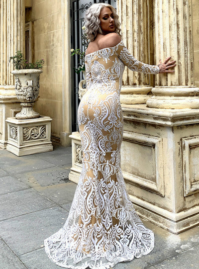 Embroidered Lace Off the Shoulder Long Sleeve Party Dress