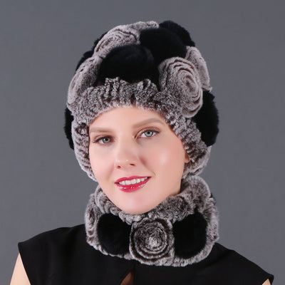 Women Rex Hair Rose Hat Scarf Set