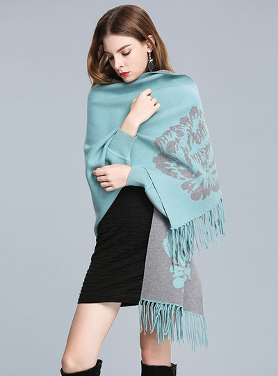 Jacquard Fringed Knitted Shawl Cloak Bat Sleeve Padded