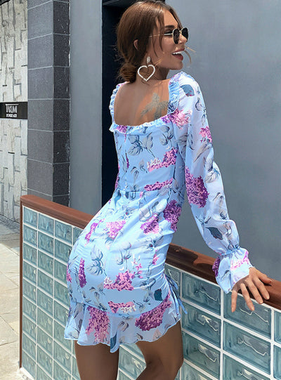 Chiffon Drawstring Pleated Skirt Floral Ruffled Dress