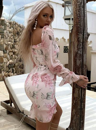 Chiffon Drawstring Pleated Skirt Floral Ruffled Dress