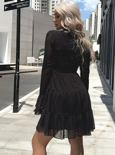 Wave Chiffon Long Sleeve Dress Round Neck Short Skirt