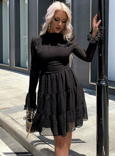 Wave Chiffon Long Sleeve Dress Round Neck Short Skirt