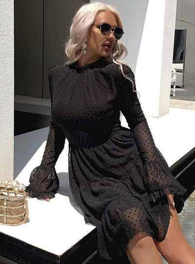 Wave Chiffon Long Sleeve Dress Round Neck Short Skirt