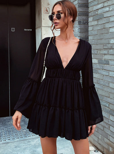 Women V-neck Trumpet Sleeves Chiffon Dress