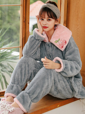 Gray Cherry Coral Velvet Pajamas Women Thicken