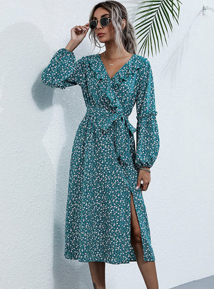 V-neck Floral Ruffled Waist Split Dress