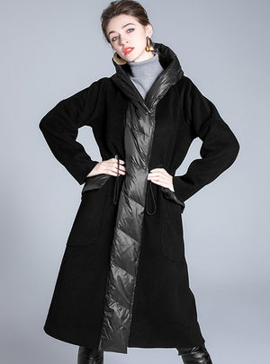 Thickened Long Woolen Stitching Hooded Jacket