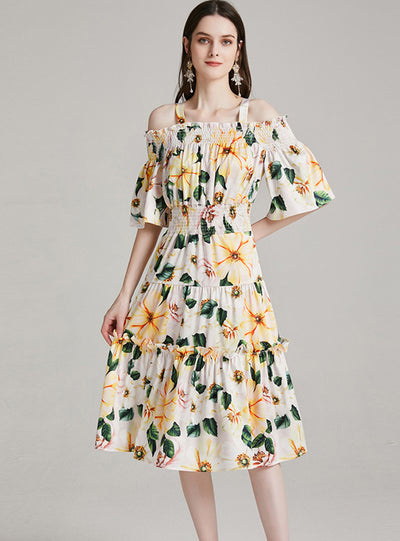 Camellia Sling Elastic Waist Print Dress