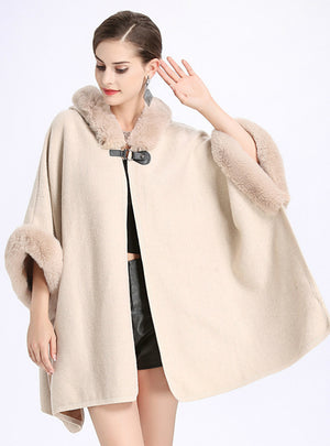 Rex Rabbit Fur Like Hooded Double-Sided Shawl Cape