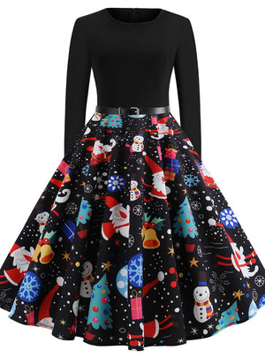 Black Long Sleeve Print Vintage Christmas Dress