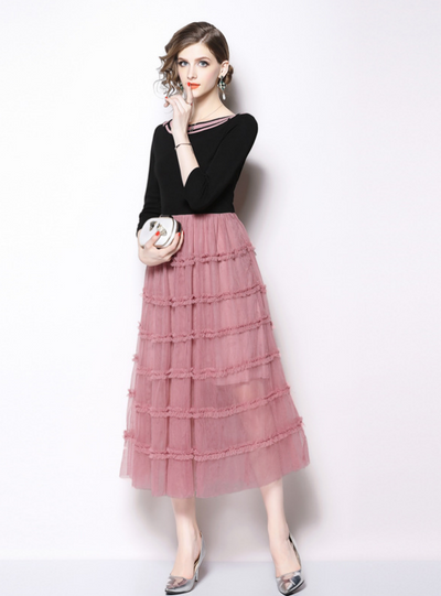 Pink 3/4 Sleeve Mesh Long Dress With Sash