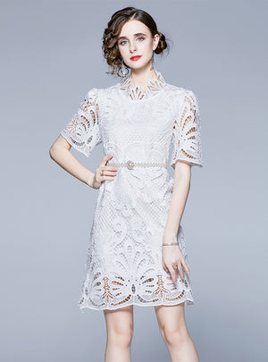 Lace Stand Collar Loose Short Sleeve Dress