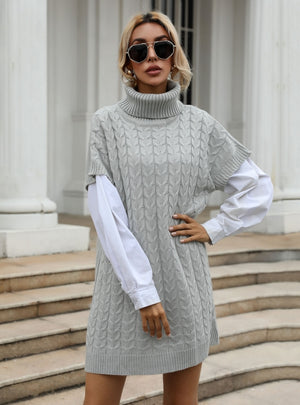 Solid Color Twist Knitted Turtleneck Vest Sweater Dress