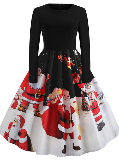Vintge Christmas Printed Long Sleeve Dress
