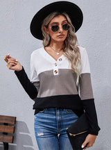 Loose Color Matching Pullover V-neck Top