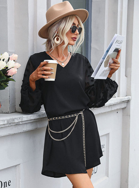 V-neck Skirt Perspective Long Sleeve Dress