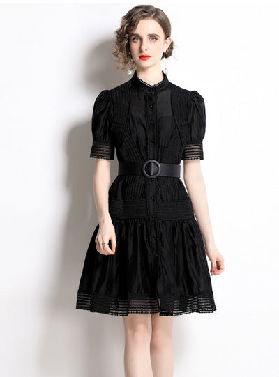 Lace Stitching Single-breasted Stand-up Dress