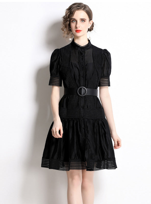 Lace Stitching Single-breasted Stand-up Dress