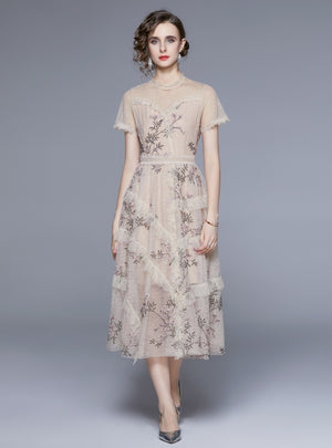 Lace Gauze Embroidered Floral Dress