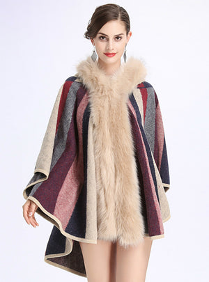Fox Like Fur Collar Striped Hooded Cape