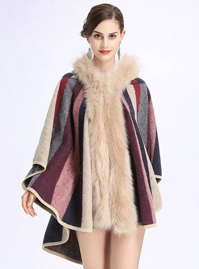 Fox Like Fur Collar Striped Hooded Cape
