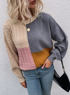 Square Spliced Lantern Sleeve Twist Contrast Color Sweater