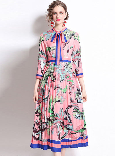 Printed Pleated Slim Medium and Long Dress