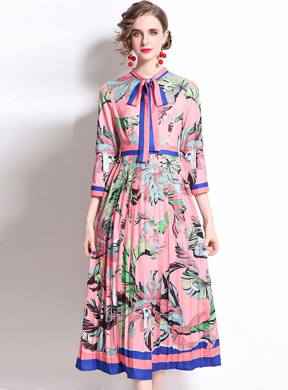 Printed Pleated Slim Medium and Long Dress