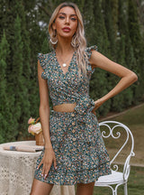 Floral Flounce Sleeveless Skirt Two-piece Suit