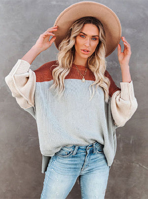Color Matching Bat Sleeve Round Neck Pullover