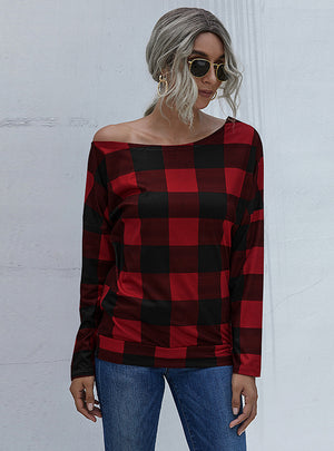 Oblique Plaid Simple Long Sleeve T-shirt