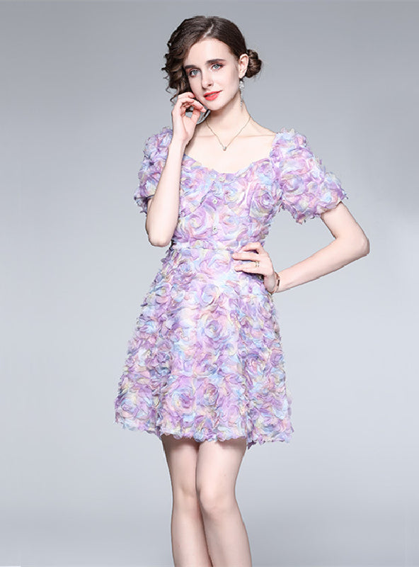 Retro Purple Stereo Flower Dress