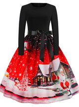 Retro Christmas Printed Long Sleeve Dress