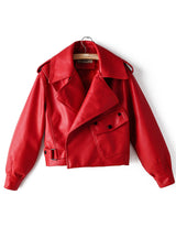 Women Faux Leather Jacket Pu Motorcycle Biker Red Coat