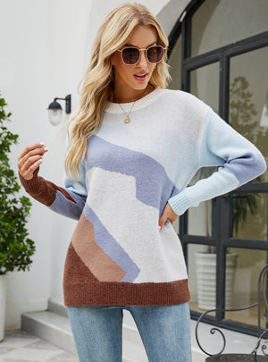 Multicolor Round Neck Stitching Sweater Pullover