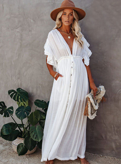 Cover-ups Long White Tunic Casual Summer Beach Dress