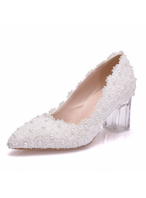Crystal Thick Heel White Lace Pointed Wedding Shoes