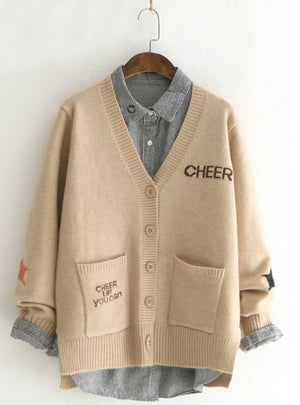 Sweater Loose Maple Leaf Letter Student Knitted Cardigan