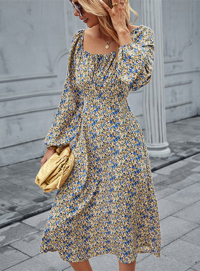 Long Sleeve Print Square Neck Long Dress
