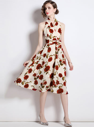 Retro Floral Backless Sleeveless Dress