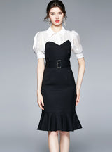 Black-and-white Slim Ruffled Dress